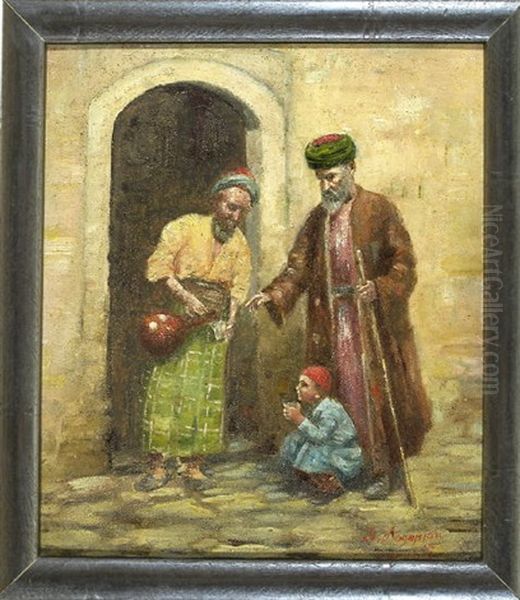 Orientalische Gastfreundschaft - Ein Mann Gibt Einem Reisenden Und Dessen Sohn Etwas Zu Trinken Oil Painting by Simon Hagopyan