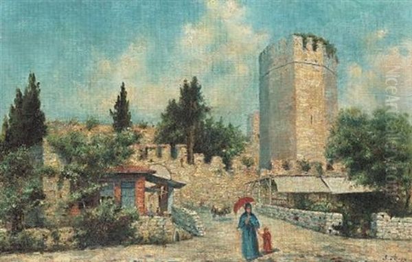 A Lady By The City Walls, Istanbul Oil Painting by Simon Hagopyan