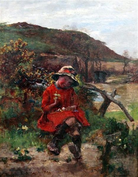 Child In A Red Coat Seated In A Landscape Oil Painting by Joshua Anderson Hague