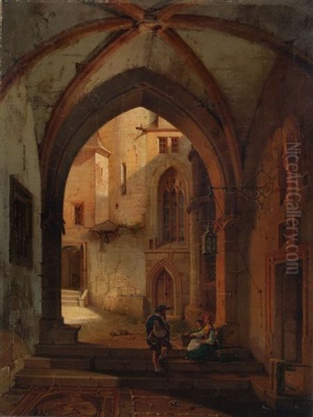 Blick In Einen Gotischen Innenhof Oil Painting by Gustav Adolphe Hahn