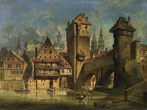 Nurnberg. Blick Auf Den Weinstadel An Der Pegnitz Oil Painting by Gustav Adolphe Hahn