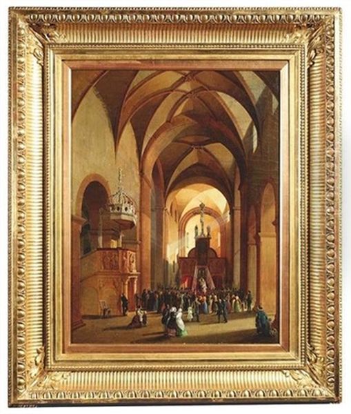 Blick In Das Innere Der Basilika (ehemalige Klosterkirche) Von Wechselburg Bei Rochlitz (sachsen). Eine Hochzeitsgesellschaft Hat Sich Vor Dem Lettner Versammelt Oil Painting by Gustav Adolphe Hahn