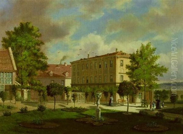 View Of A German Town (+ The Gardens Of A German Town; 2 Works) Oil Painting by Gustav Adolphe Hahn