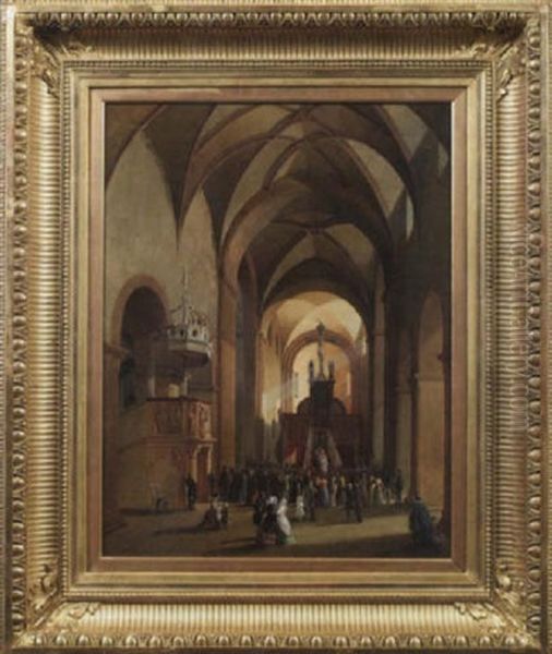 Blick In Die Stiftskirche (ehemalige Klosterkirche) Von Wechselburg Bei Rochlitz In Sachsen Oil Painting by Gustav Adolphe Hahn