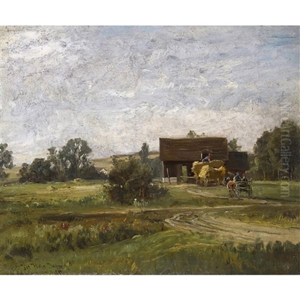 Weite Landschaft Mit Heuwagen Und Kutsche Oil Painting by Joseph Hahn