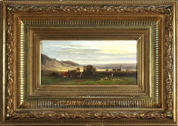 Dorf In Weiter Baumlandschaft Mit Schafweide Oil Painting by Joseph Hahn