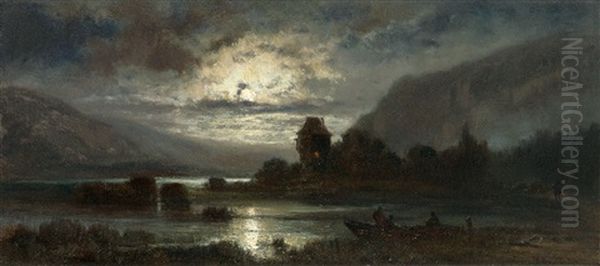 Abendliche Seenlandschaft In Den Voralpen Mit Fischerboot Und Turm Oil Painting by Joseph Hahn