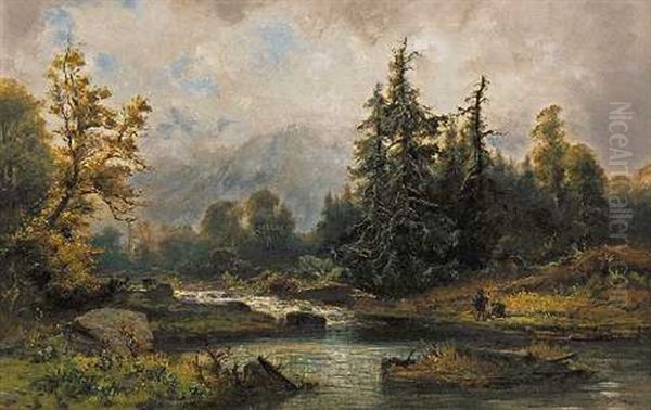 Jager Am Fluss (in Der Jachenau ?) Oil Painting by Joseph Hahn