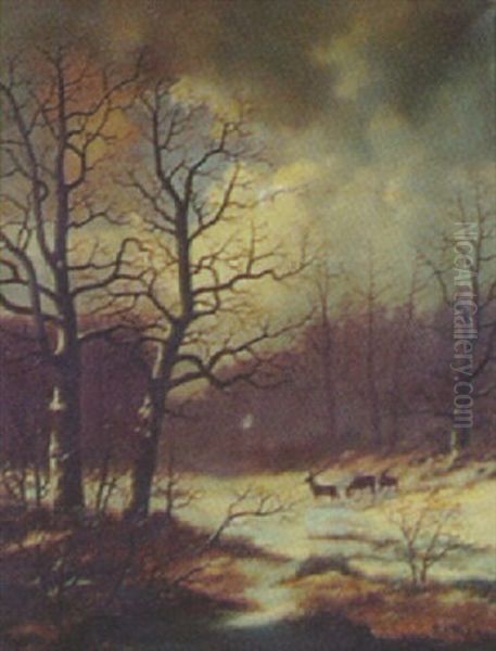 Winter Landscape With Deer Oil Painting by Julius Hahn