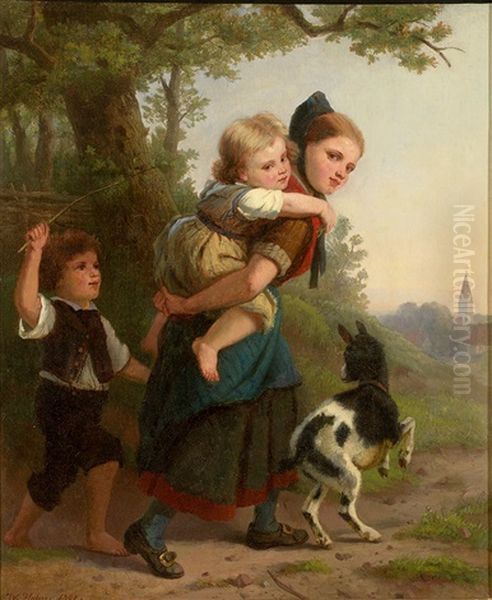 Madchen Mit Den Kleinen Geschwistern Und Ziegenbocklein Auf Dem Heimweg Am Abend Oil Painting by Karl Wilhelm Hahn