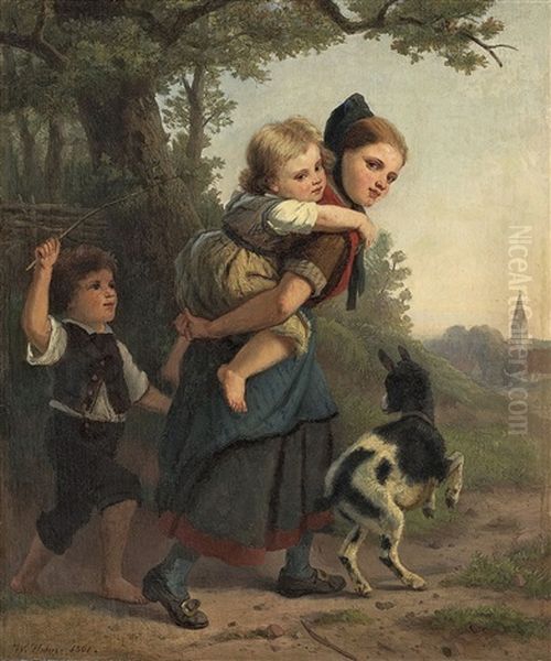 Spielende Kinder Mit Zicklein Oil Painting by Karl Wilhelm Hahn