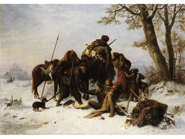 Plundernde Kosaken In Winterlandschaft Oil Painting by Karl Wilhelm Hahn