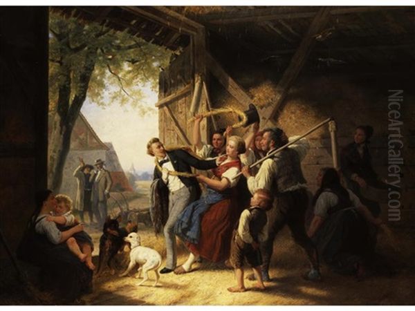 Scherzhafte Verabschiedung Eines Englisch-amerikanischen Besuchers In Einer Bauernscheune Oil Painting by Karl Wilhelm Hahn