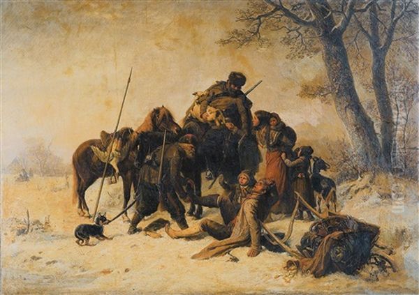 Winterlandschap Met Plundering - Cosaques Oil Painting by Karl Wilhelm Hahn