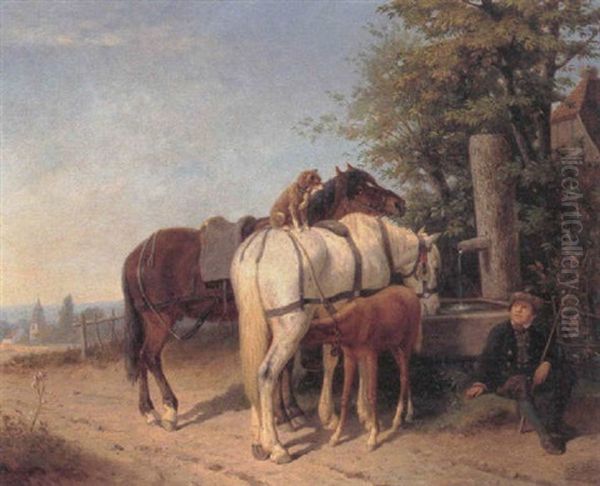 Hestene Vandes Ved En Brond Oil Painting by Karl Wilhelm Hahn