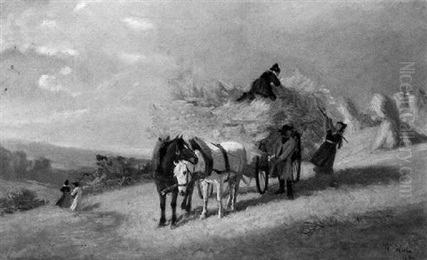 Filling The Hay Wagon Oil Painting by Karl Wilhelm Hahn