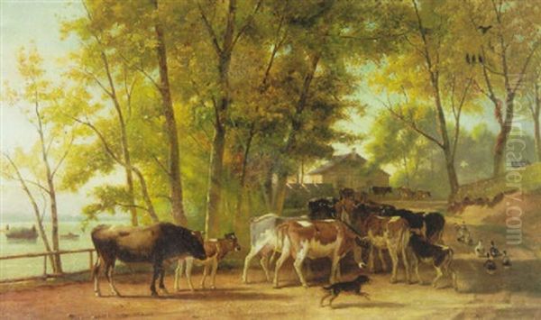 Farm Along A Waterway Oil Painting by Karl Wilhelm Hahn