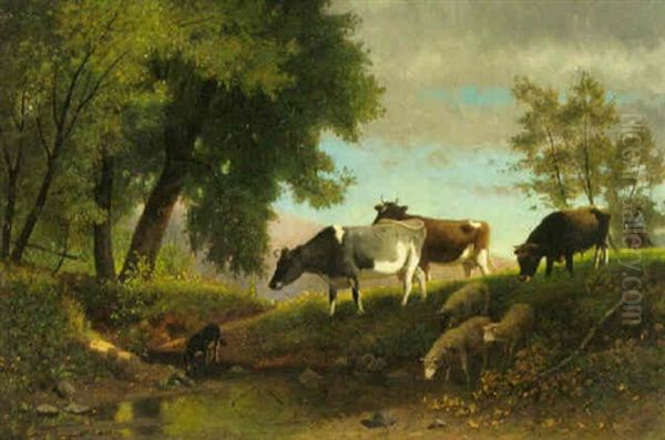 Cattle Watering In The Woods Oil Painting by Karl Wilhelm Hahn