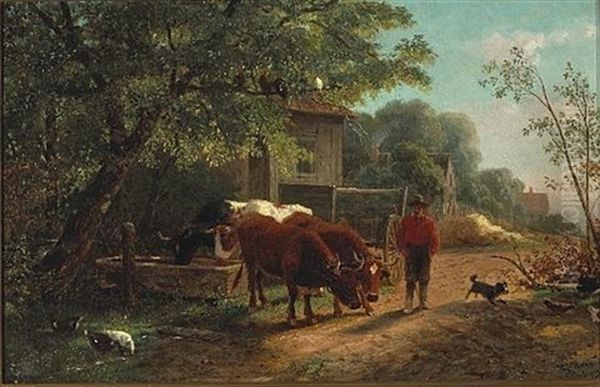 Farmer With Cattle Oil Painting by William Hahn