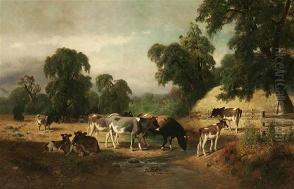 Cows By A Stream In A Wooded Pasture Oil Painting by William Hahn