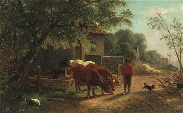 Farmer With Cattle Oil Painting by William Hahn