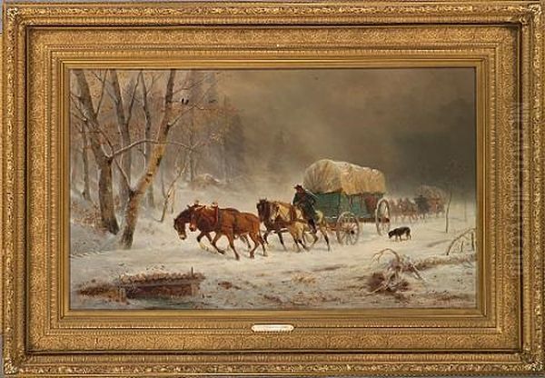 Going Home (pioneers Braving A Storm) Oil Painting by William Hahn