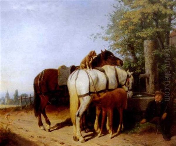 Les Chevaux A L'abreuvoir Oil Painting by William Hahn