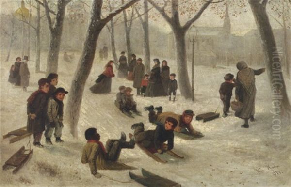 Snow Day / Sledding On The Boston Common Oil Painting by William Hahn