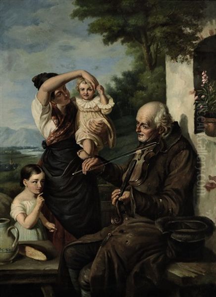 Geigender Bettler Und Mutter Mit Zwei Kindern Oil Painting by Joseph Haier