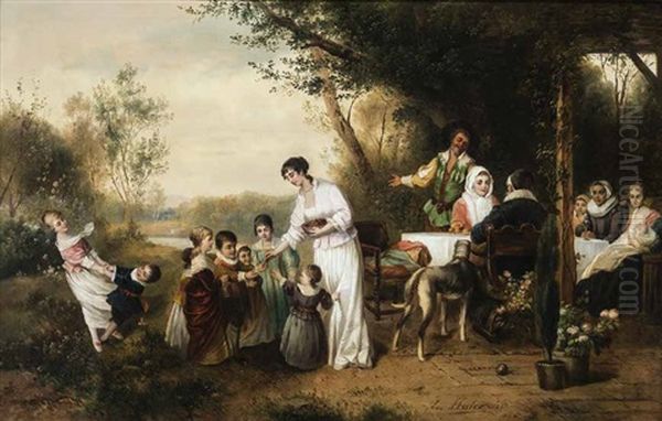 Elegante Festgesellschaft Im Garten, Mit Gedeckter Tafel Und Spielenden Kindern Oil Painting by Joseph Haier