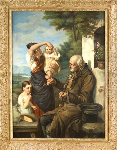 Violine Spielender Bettler Vor Einer Frau Mit Ihren Zwei Kindern U. Alpiner Landschaft Im Hintergr. Oil Painting by Joseph Haier