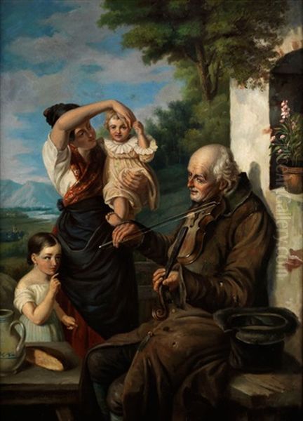 Alter Bettelmusikant Mit Geige Spielt Vor Einer Jungen Bauerin Mit Zwei Tochterchen Oil Painting by Joseph Haier