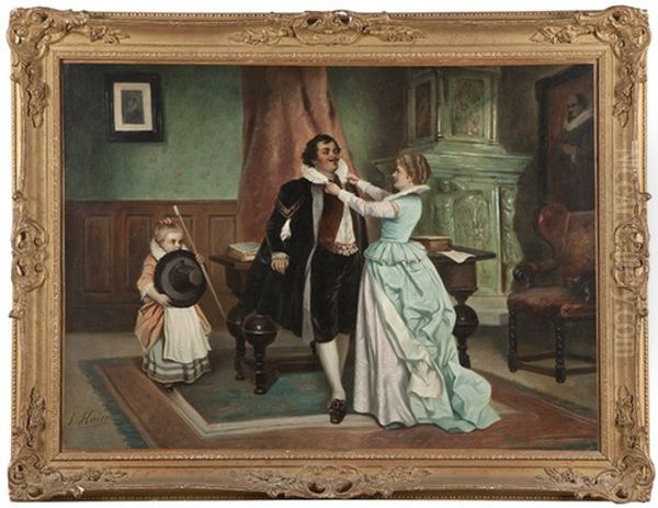 Lady And Girl Dressing A Gentleman In An Interior Oil Painting by Joseph Haier