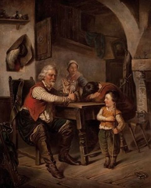 Interieur Mit Drei Personen Am Tisch Und Einem Kind Das Vor Dem Vater Salutiert Oil Painting by Joseph Haier