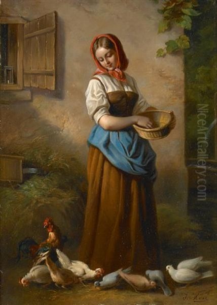 A Peasant Woman Feeding Chickens Oil Painting by Joseph Haier