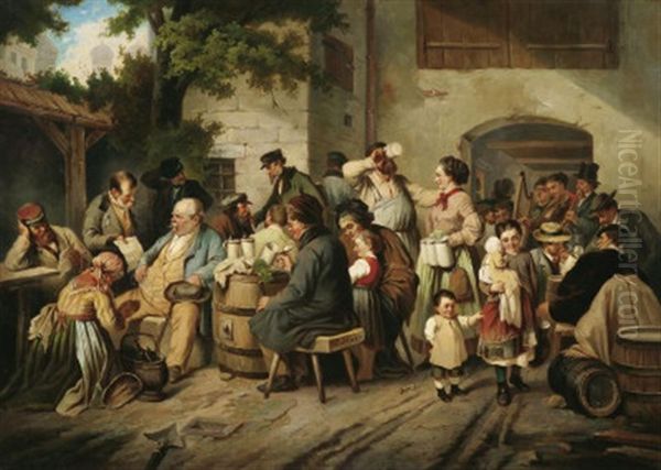 Buntes Treiben Im Hinterhof Einer Munchener Bierstube Oil Painting by Joseph Haier