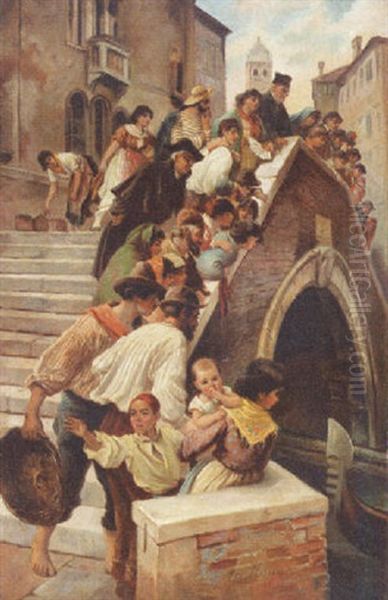 A Crowded Bridge, Venice Oil Painting by Joseph Haier