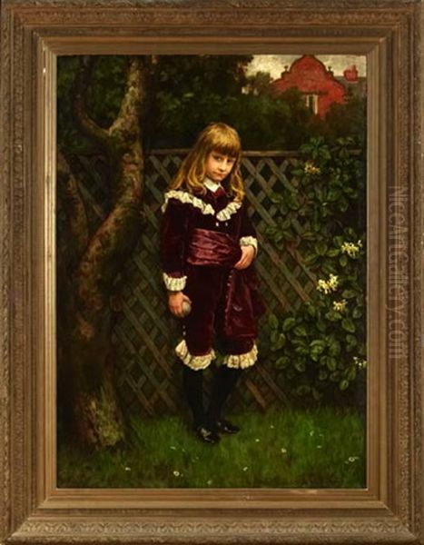 Portrait Of A Young Girl In A Scarlet Dress With Lace Trim, Seated In A Garden Reading A Book (+ Portrait Of A Boy In A Burgundy Suit Holding A Cricket Ball; 2 Works) Oil Painting by Charles Haigh-Wood