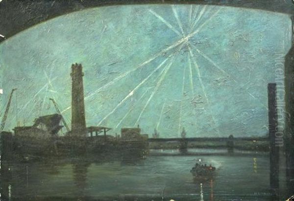 Searchlight Spotting A V2 Rocket To Shoot It Down Oil Painting by Wilfred Stanley Haines