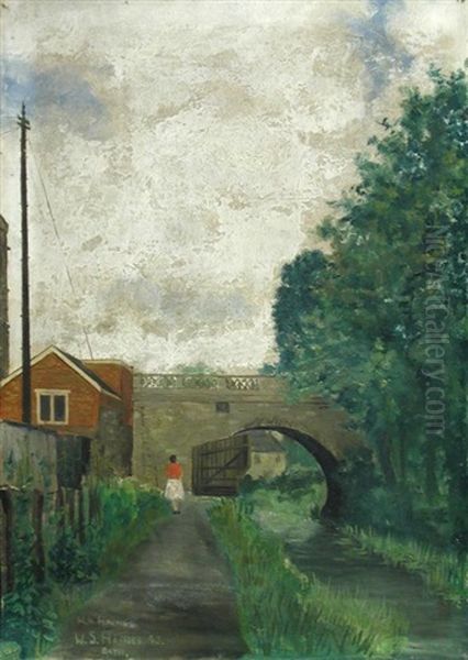 Walker By A Bridge, Bath Oil Painting by Wilfred Stanley Haines