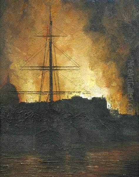 Fires Blazing Over London In The Blitz, With St Paul's Cathedral, London, Silhouetted Behind, And A Sailing Ship In The Foreground Oil Painting by Wilfred Stanley Haines