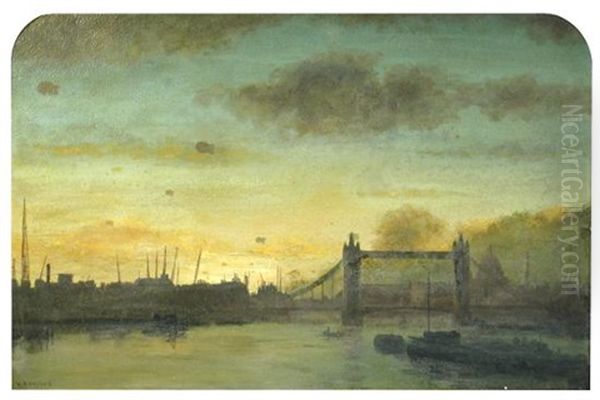 Barrage Balloons Over Tower Bridge, London; And Fire Boat No. 1 With Firemen In A Barge, Going Towards The Albert Bridge And Battersea Power Station, London Oil Painting by Wilfred Stanley Haines