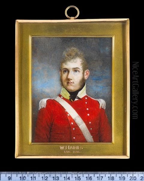 An Officer, Wearing Scarlet Coatee With Silver Buttons And Epaulettes, Gold Collar And Black Stock, A White Belt With Belt-plate Across His Chest Oil Painting by William Haines