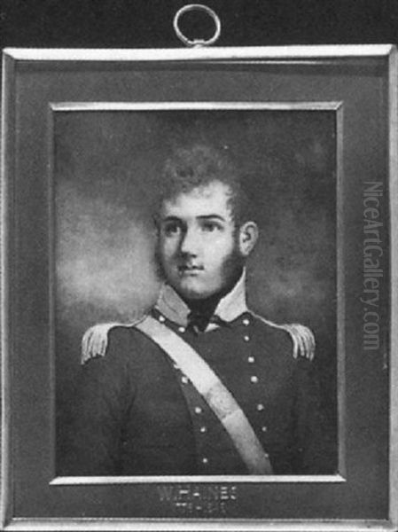 An Officer In Scarlet Jacket With Silver Epaulettes (an Irish Volunteer Or Militia Regiment?) Oil Painting by William Haines