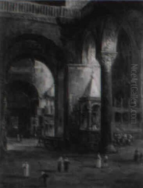 Townspeople And Clergy In Cathedral Oil Painting by William Henry Haines