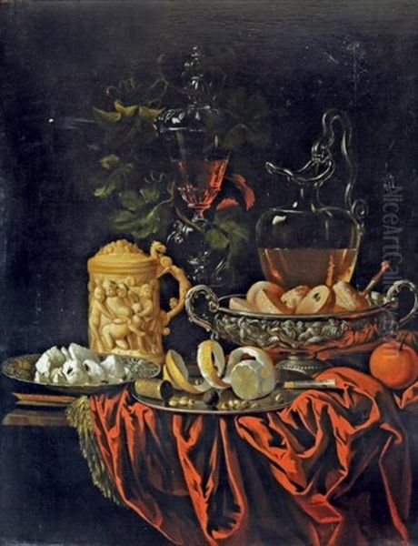 Nature Morte Avec Coupe D'orfevrerie, Pichet En Verre, Citron, Patisserie Et Chope En Ivoire Sur Un Entablement De Pierre Au Drape Rouge Oil Painting by Georg Hainz