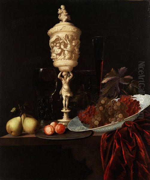 Stilleben Mit Elfenbeinpokal Zwischen Fruchten Und Einem Porzellanteller Mit Trauben Oil Painting by Georg Hainz