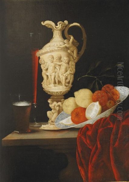 Still Life With Carved Ivory Ewer Oil Painting by Georg Hainz