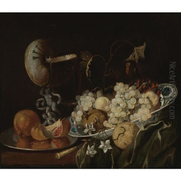 Still Life Of Grapes And Other Fruits In A Wan-li Porcelain Bowl With A Nautilus Shell Drinking Glass Oil Painting by Georg Hainz