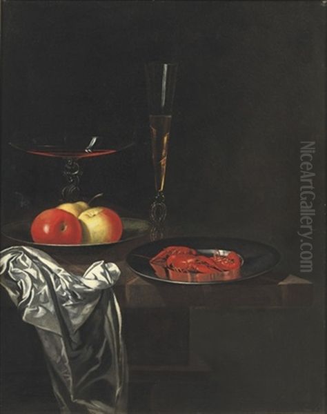 Two Venetian Glasses, Apples On A Pewter Plate Oil Painting by Georg Hainz